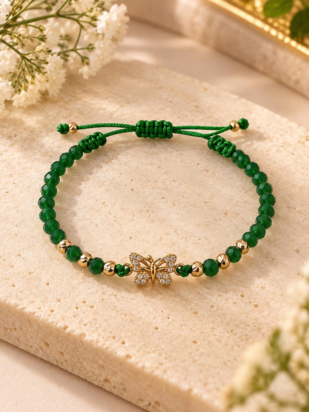 Genuine 14k Gold Bracelet - Emerald Green Beads