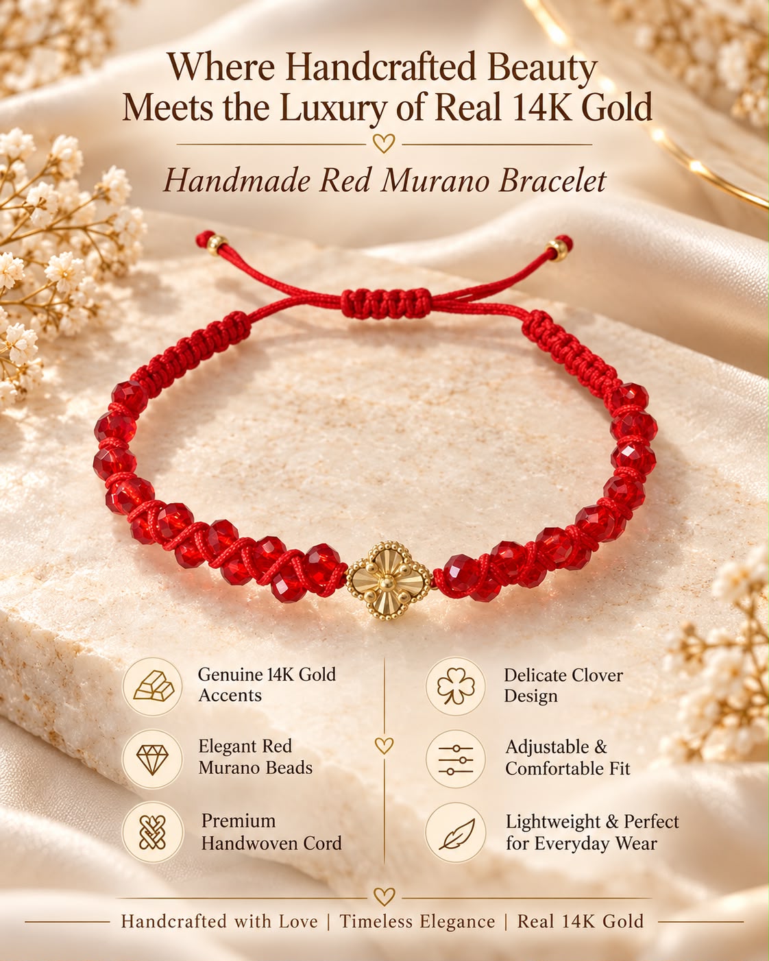 Genuine 14K Gold Bracelet - Red Beads